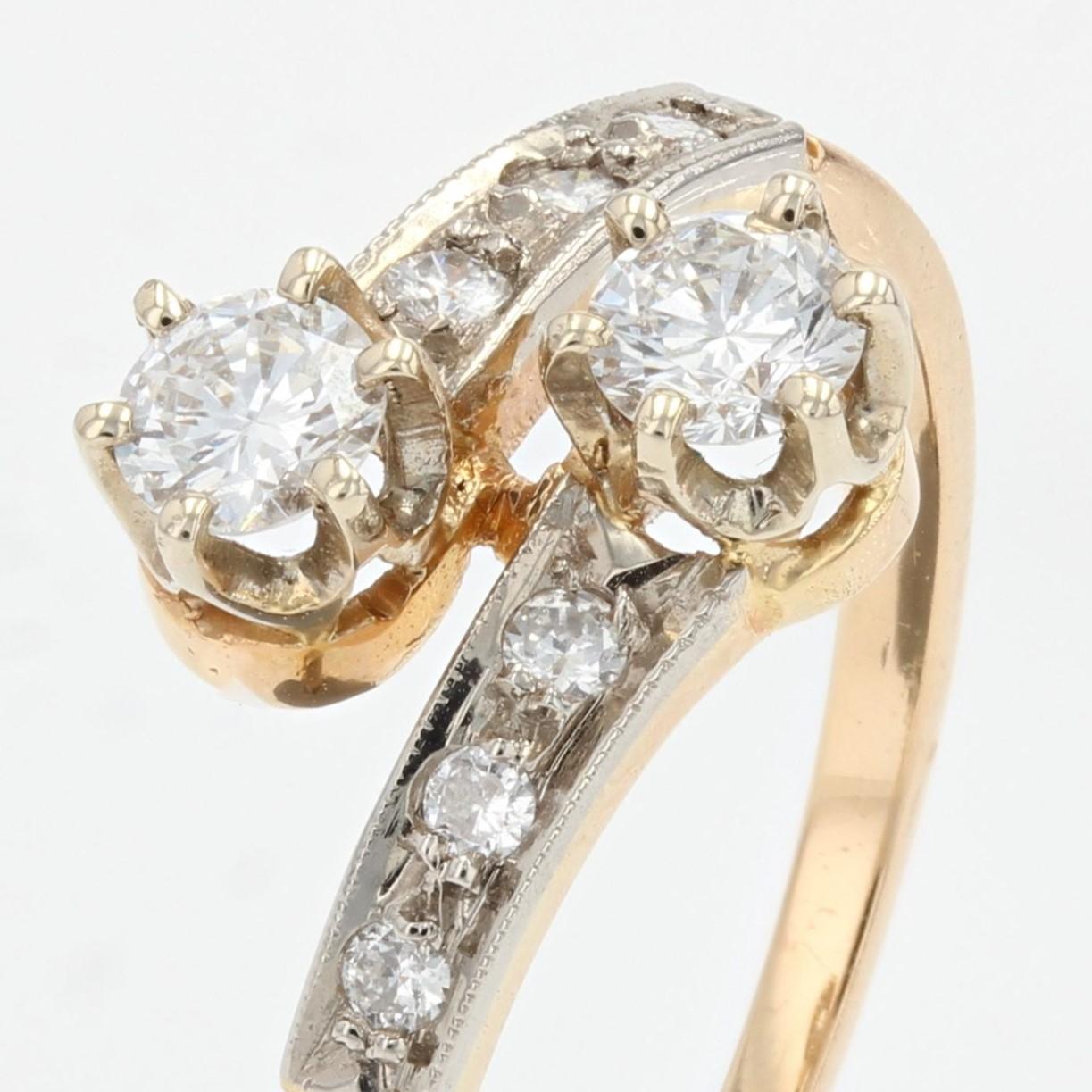 French Diamond 18 Carat Yellow Gold Platinium Toi et Moi Engagement Ring In New Condition In Poitiers, FR