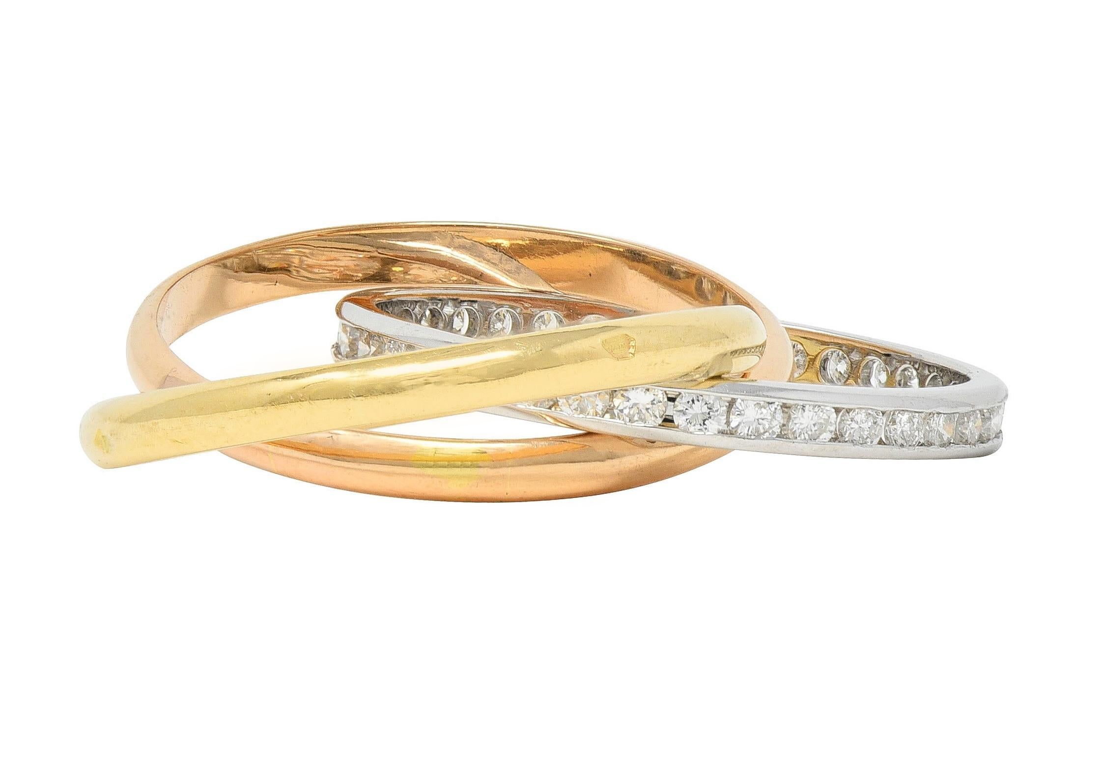 Brilliant Cut French Diamond 18 Karat Rose White Yellow Gold Vintage Rolling Band Unisex Ring