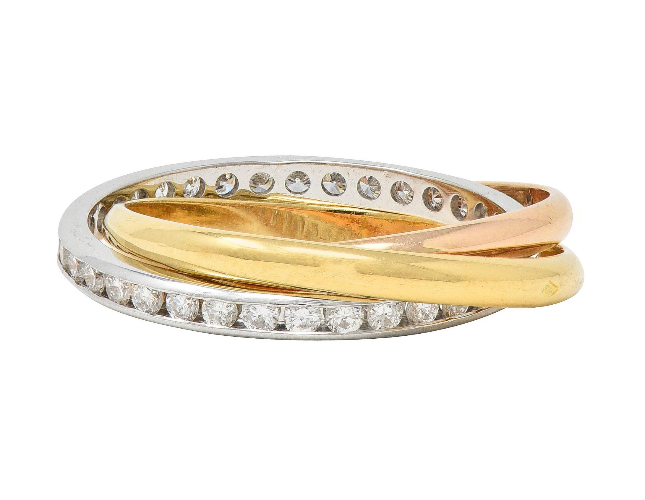 French Diamond 18 Karat Rose White Yellow Gold Vintage Rolling Band Unisex Ring In Excellent Condition In Philadelphia, PA