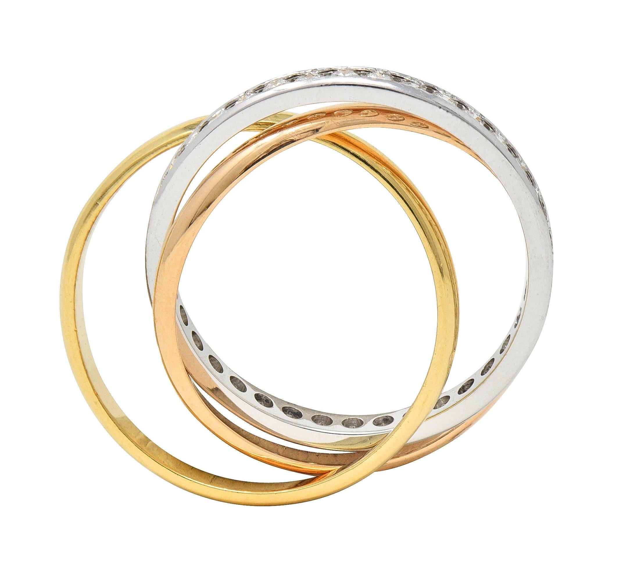 French Diamond 18 Karat Rose White Yellow Gold Vintage Rolling Band Unisex Ring 1