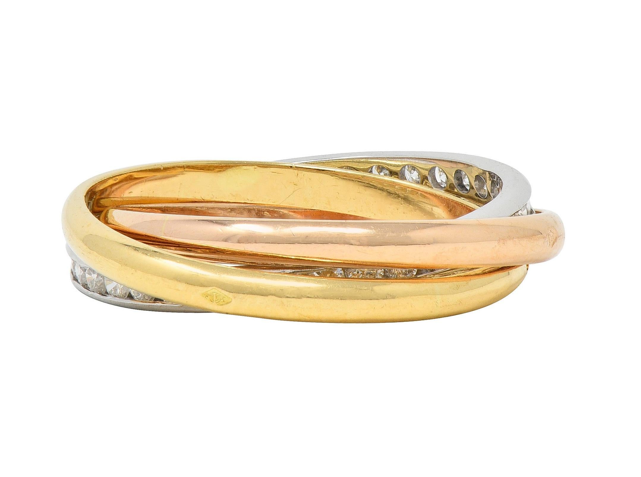 French Diamond 18 Karat Rose White Yellow Gold Vintage Rolling Band Unisex Ring 3