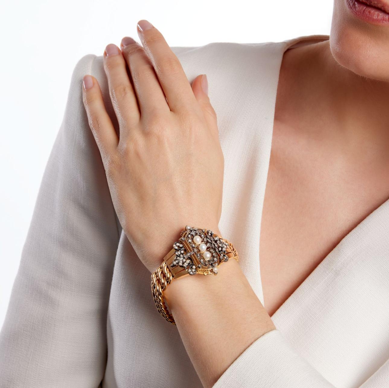 Französisches Diamantarmband aus 18 Karat Roségold und Gelbgold mit Diamanten, um 1890 (Napoleon III.) im Angebot