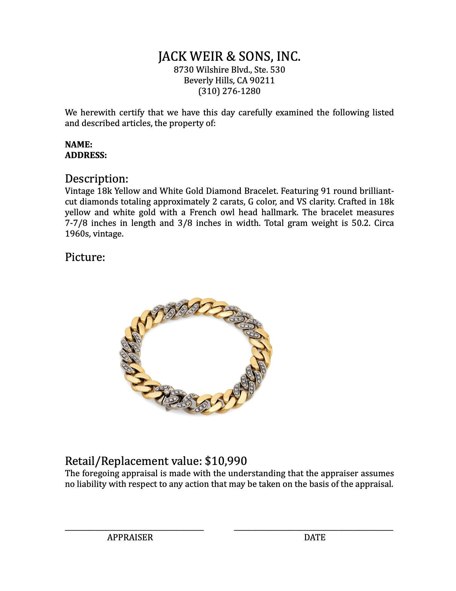 Women's or Men's French diamond 18k yellow and white gold curb link bracelet
