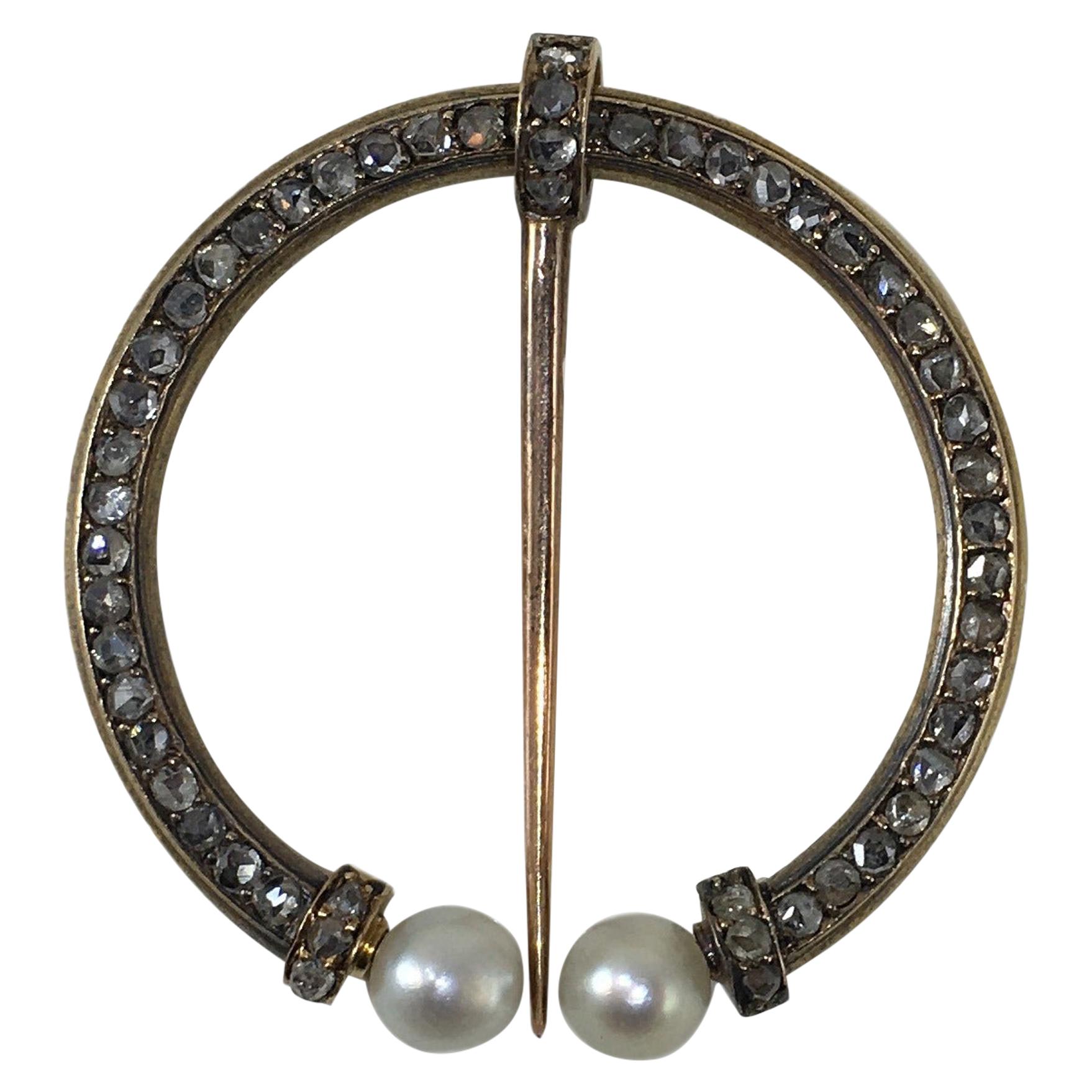 French Diamond and Pearl Fibula Brooch, circa 1890 For Sale