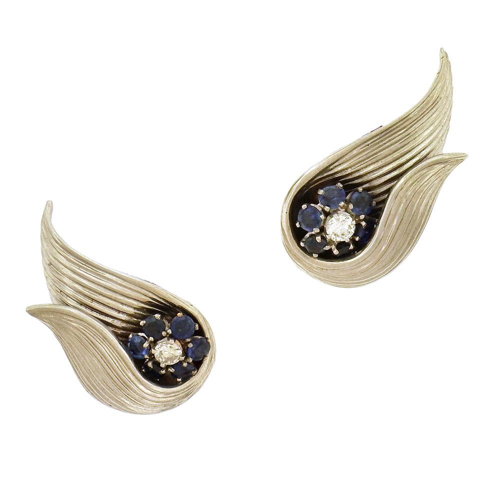 French Diamond and Sapphire Clip-On Earrings For Sale