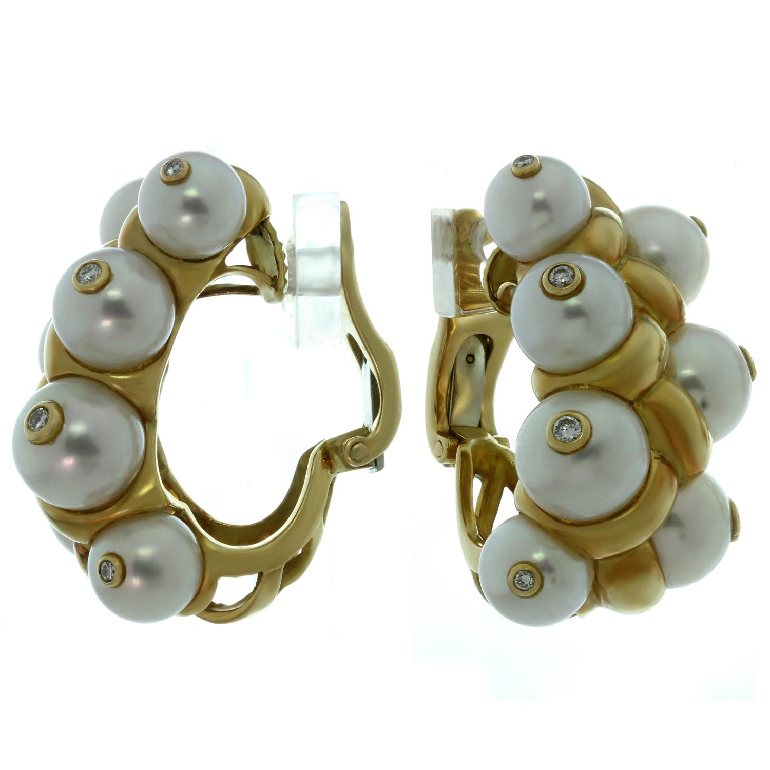 French Diamond Cultured Pearl Yellow Gold Earrings In Excellent Condition In New York, NY