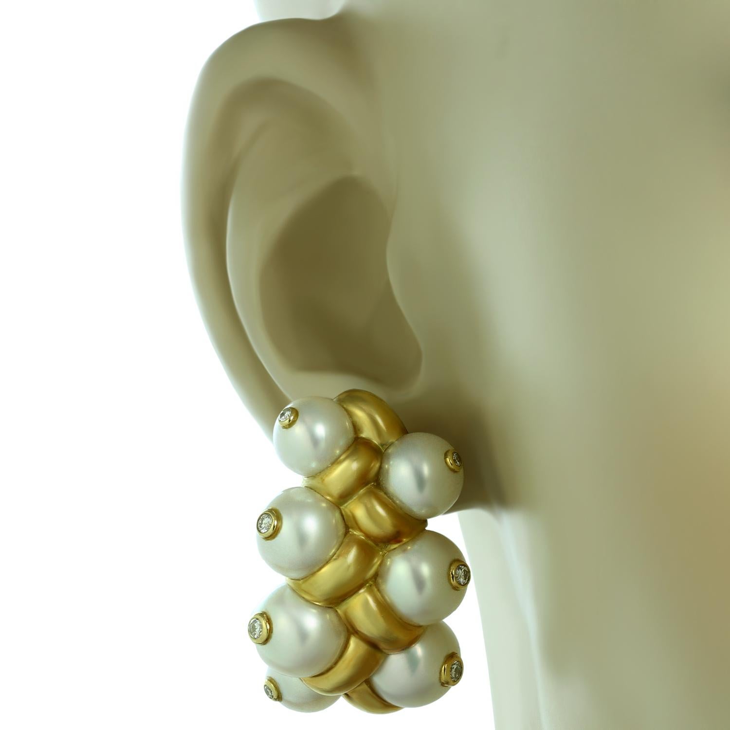 Women's French Diamond Cultured Pearl Yellow Gold Earrings