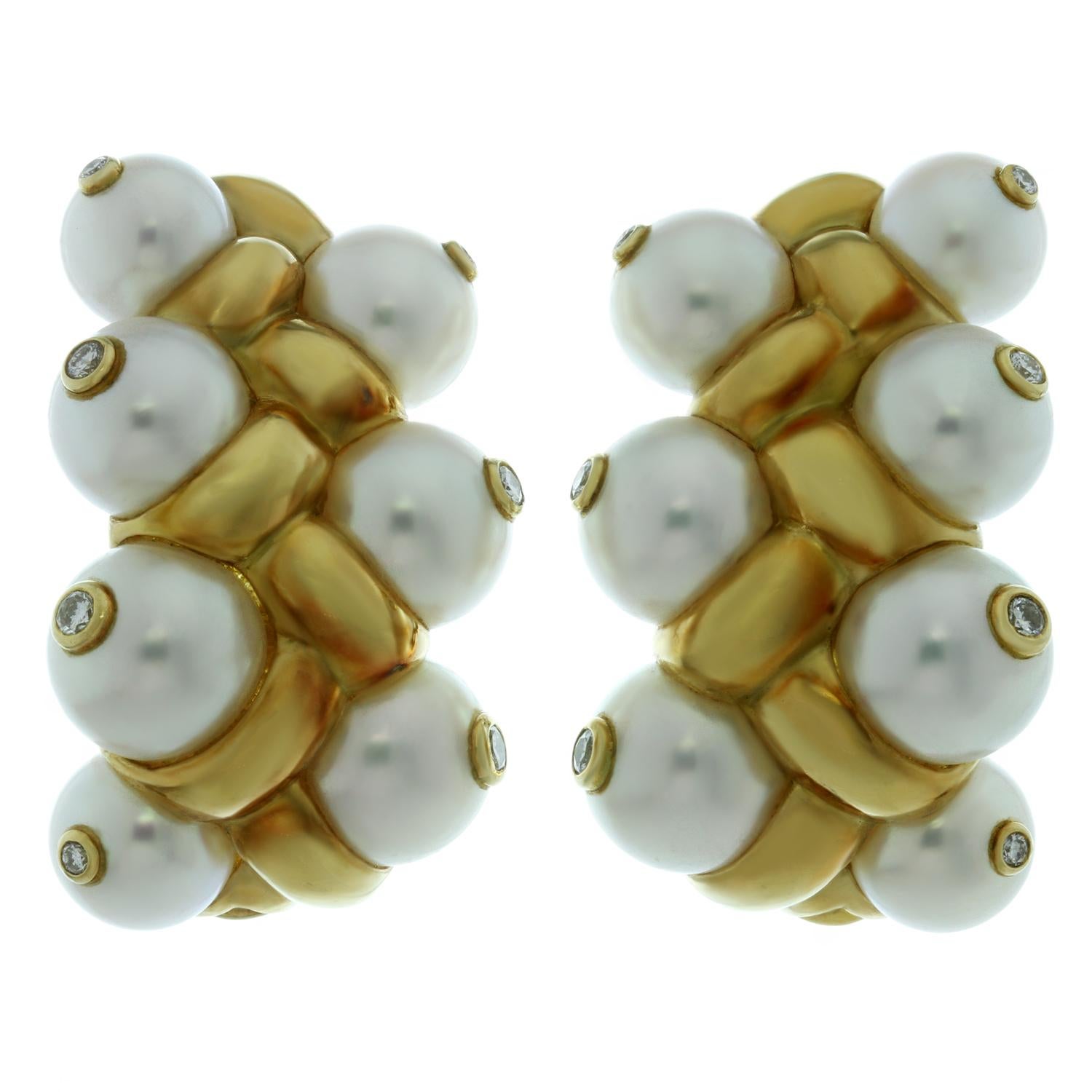 French Diamond Cultured Pearl Yellow Gold Earrings