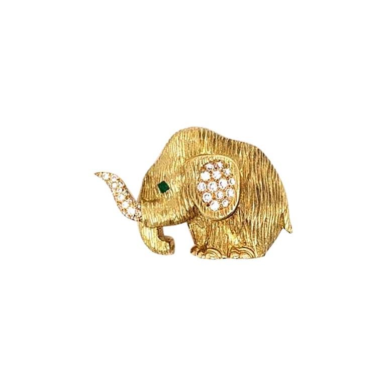 French Diamond Emerald Gold Elephant Pin-Brooch