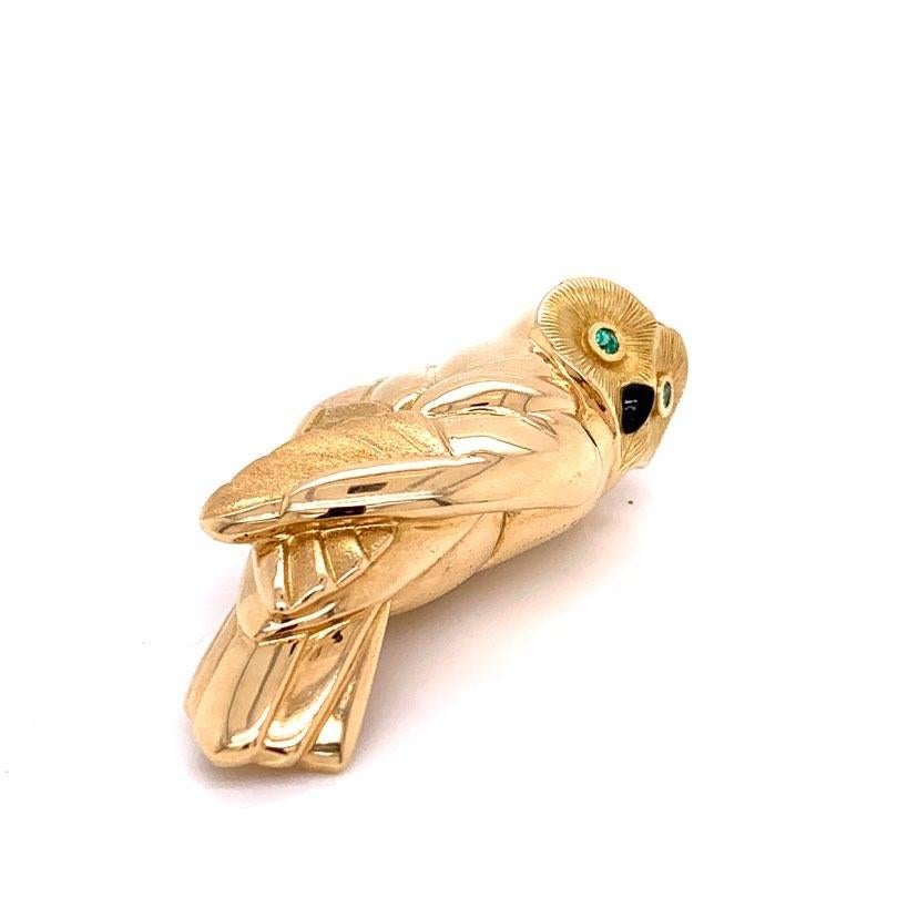 Round Cut French Diamond Emerald Gold Owl Brooch