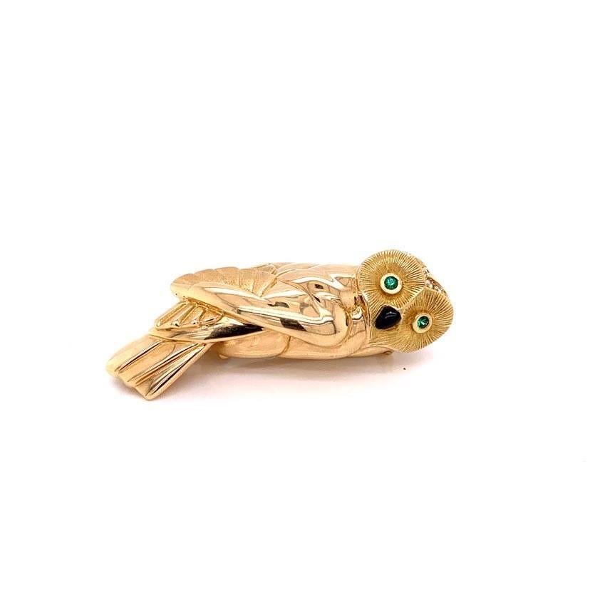 French Diamond Emerald Gold Owl Brooch In New Condition In Beverly Hills, CA