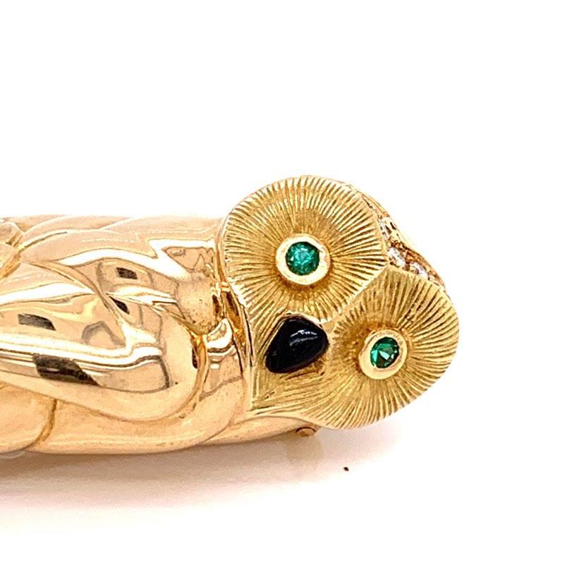 French Diamond Emerald Gold Owl Brooch 2