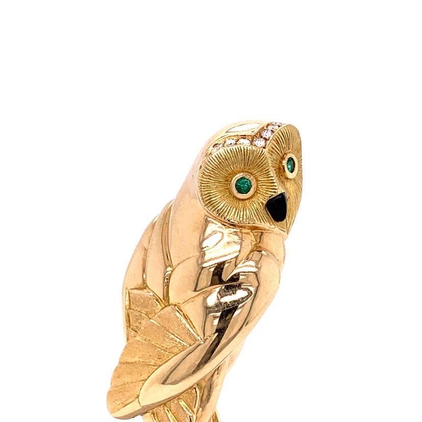 French Diamond Emerald Gold Owl Brooch 3