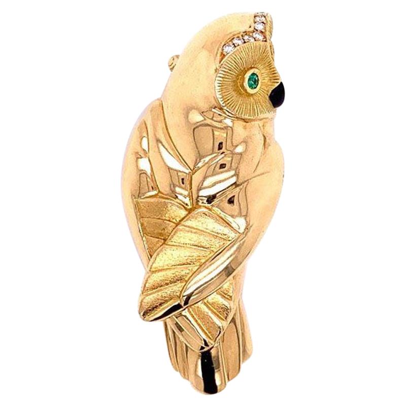 French Diamond Emerald Gold Owl Brooch