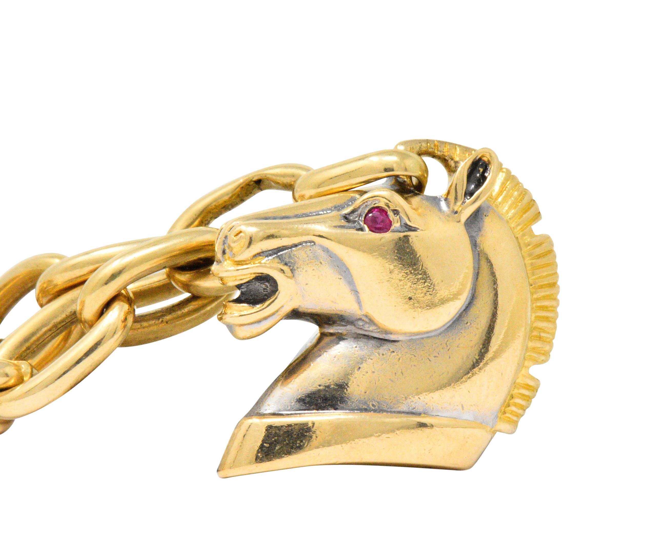 Contemporary French Diamond Emerald Ruby 18 Karat Gold Horse Head Charm Bracelet