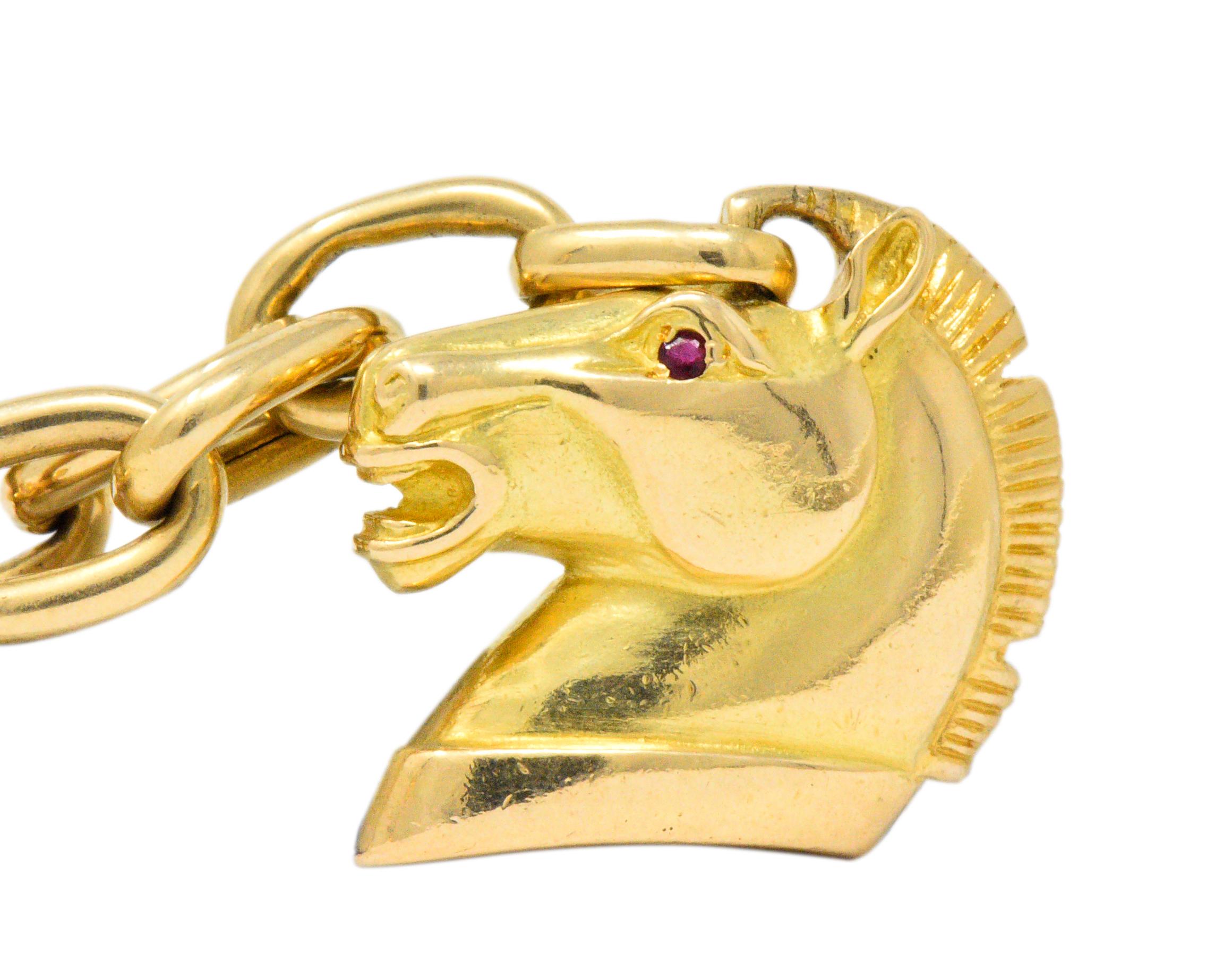 Round Cut French Diamond Emerald Ruby 18 Karat Gold Horse Head Charm Bracelet