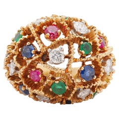 French Diamond Emerald Ruby Sapphire 18K Yellow Gold Platinum Vintage Dome Ring