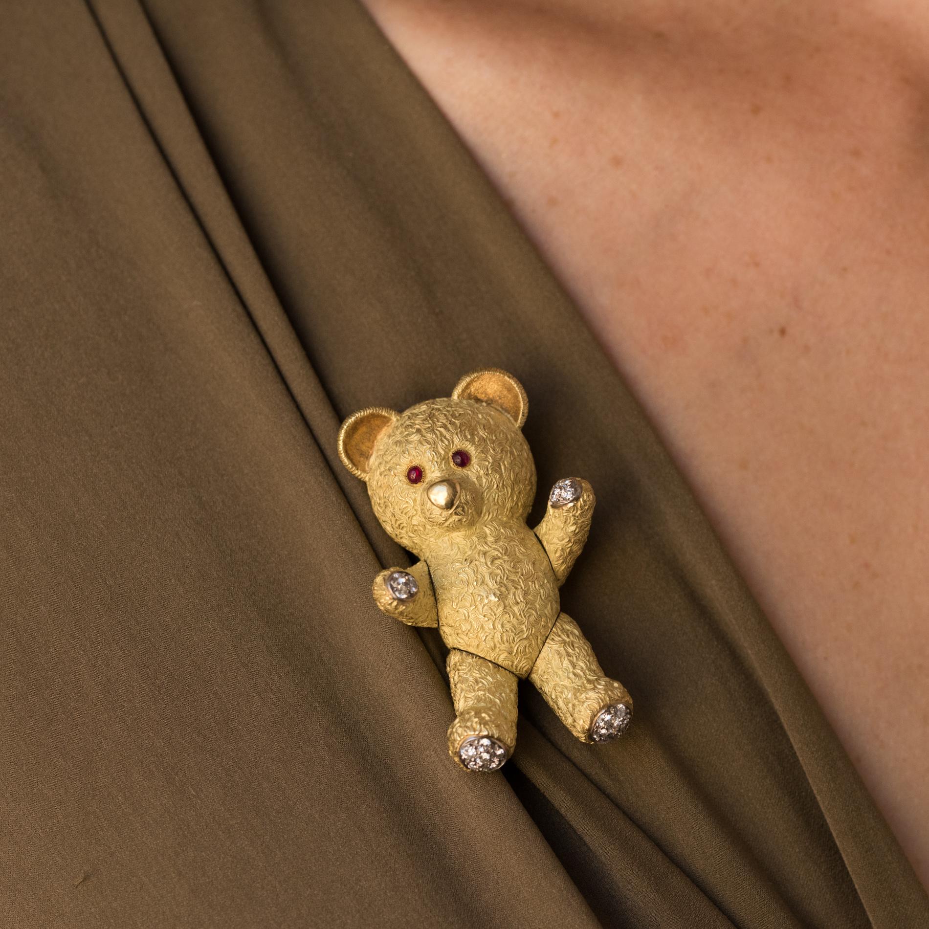 Women's or Men's French Diamond Gold Bear Brooch
