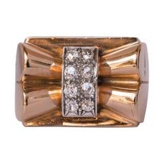 Retro French Diamond Gold Bow Tank Ring