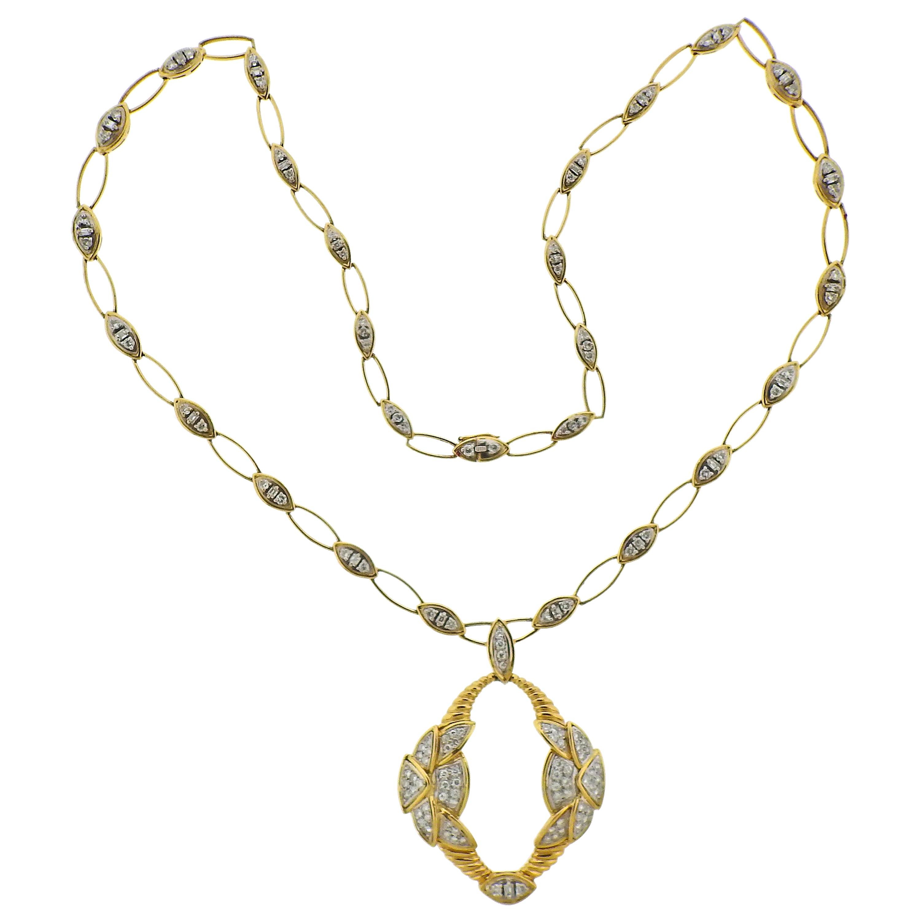 French Diamond Gold Pendant Link Necklace