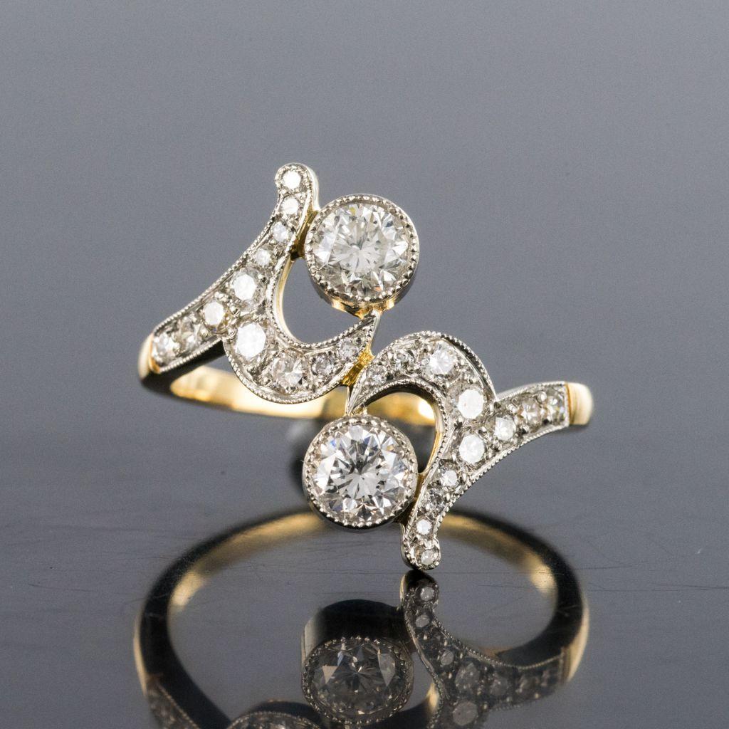 French Art Nouveau Spirit Diamond 18 Karat Yellow Gold Platinum Ring In New Condition For Sale In Poitiers, FR