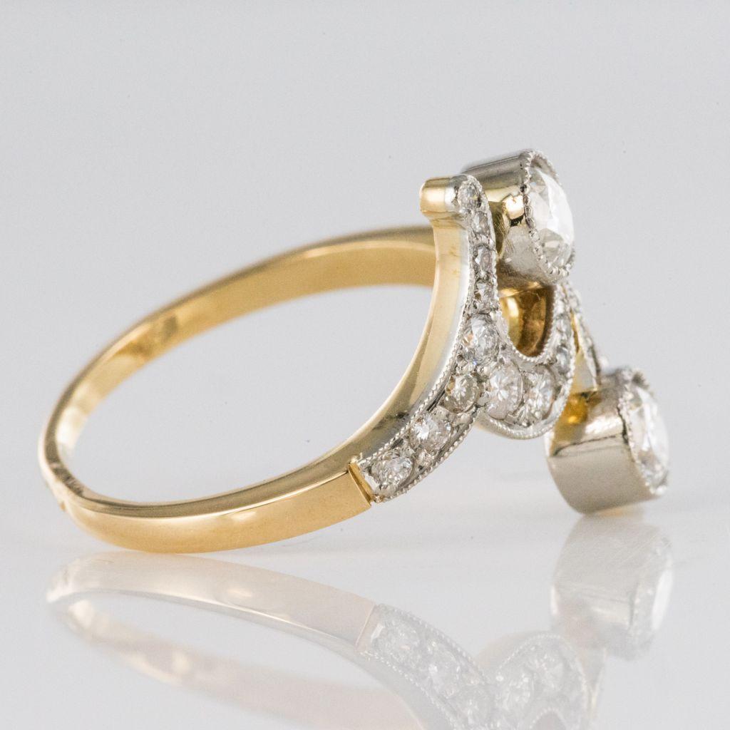 French Art Nouveau Spirit Diamond 18 Karat Yellow Gold Platinum Ring For Sale 1