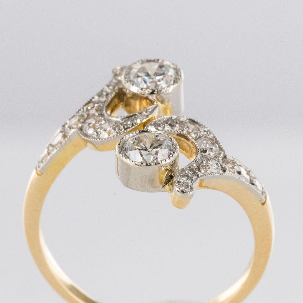 French Art Nouveau Spirit Diamond 18 Karat Yellow Gold Platinum Ring For Sale 3