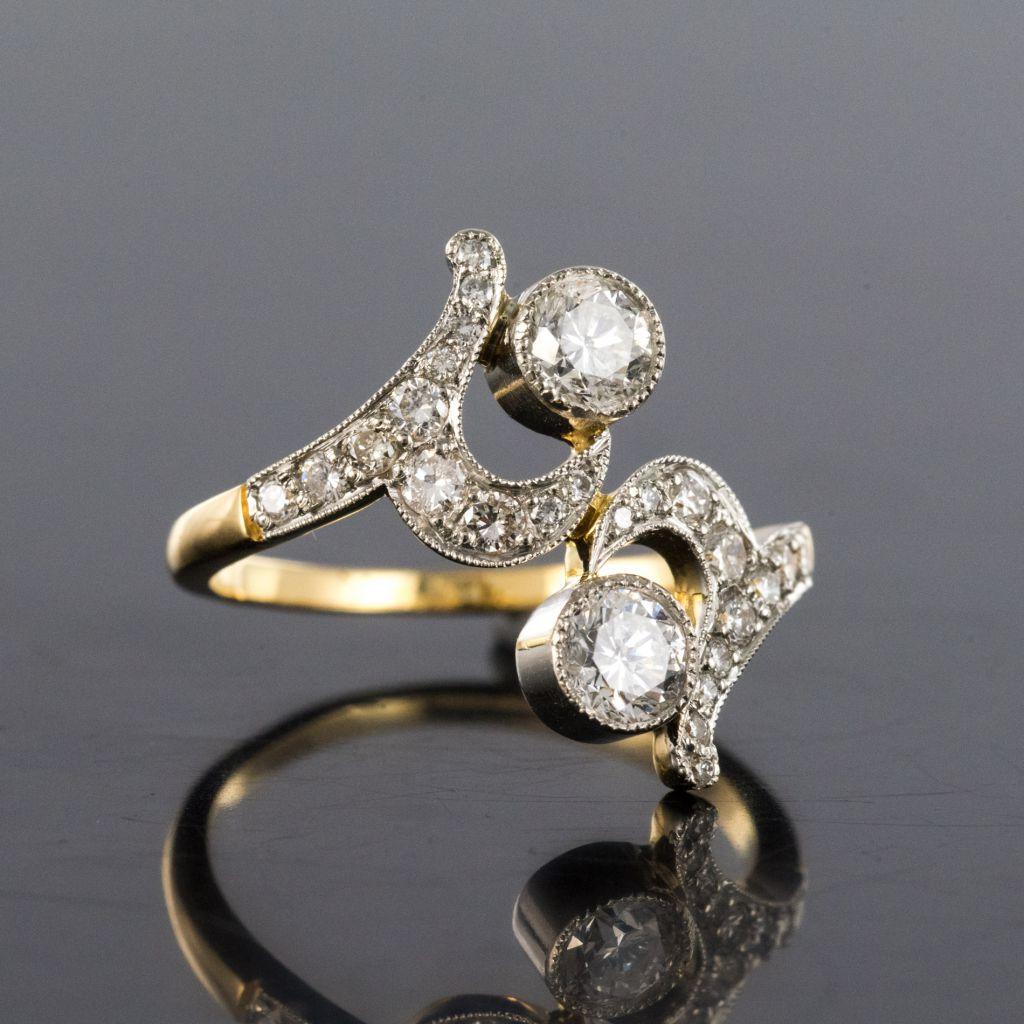 French Art Nouveau Spirit Diamond 18 Karat Yellow Gold Platinum Ring For Sale 4