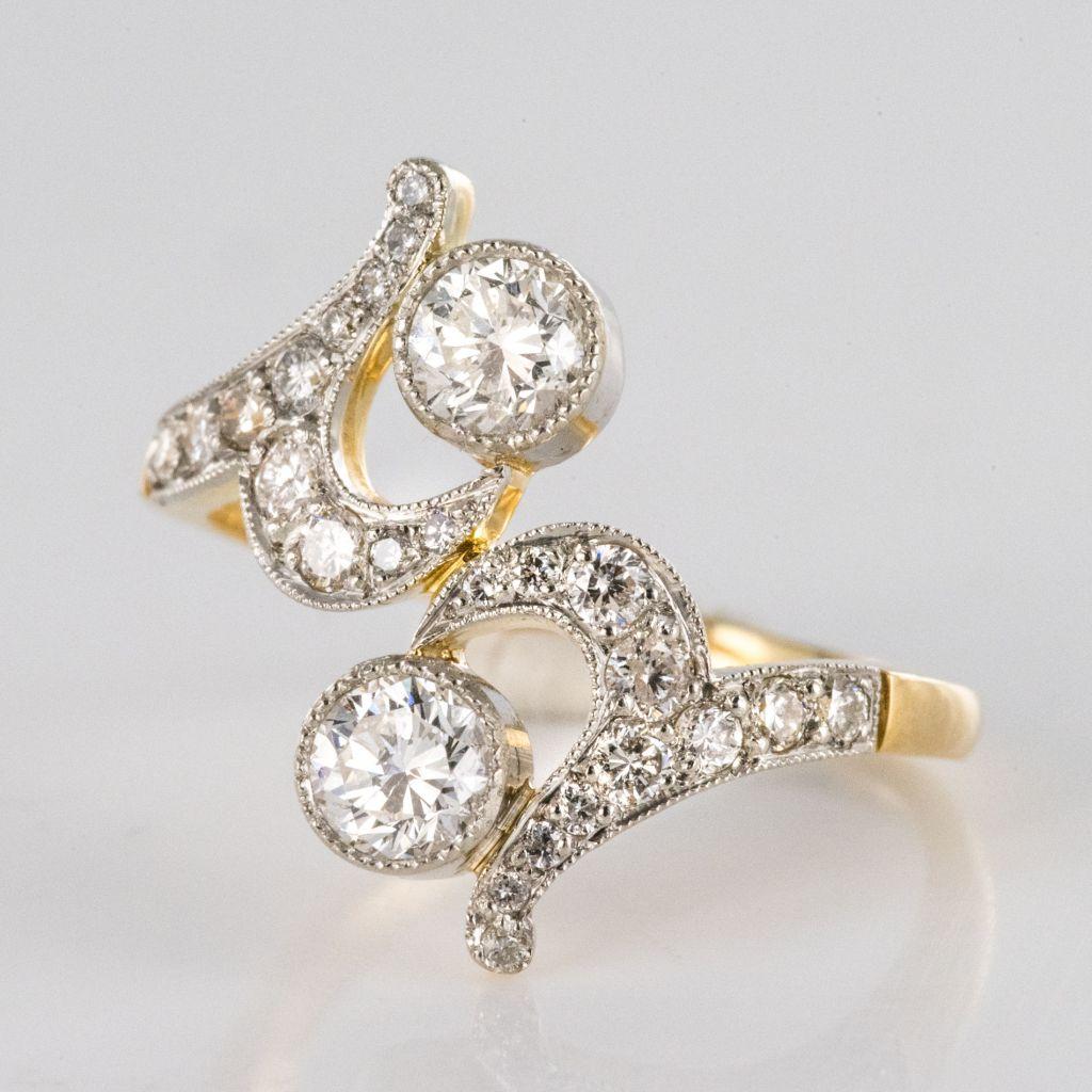 Französischer Jugendstil Spirit Diamant 18 Karat Gelbgold Platin Ring (Brillantschliff) im Angebot