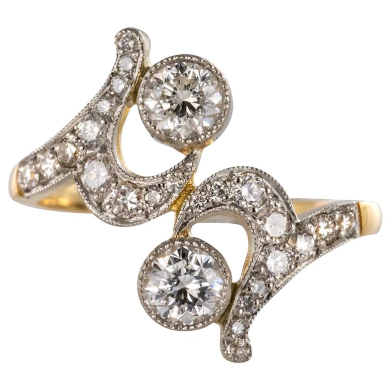 French Art Nouveau Spirit Diamond 18 Karat Yellow Gold Platinum Ring For Sale