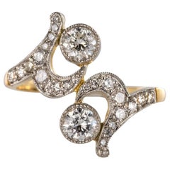 French Art Nouveau Spirit Diamond 18 Karat Yellow Gold Platinum Ring