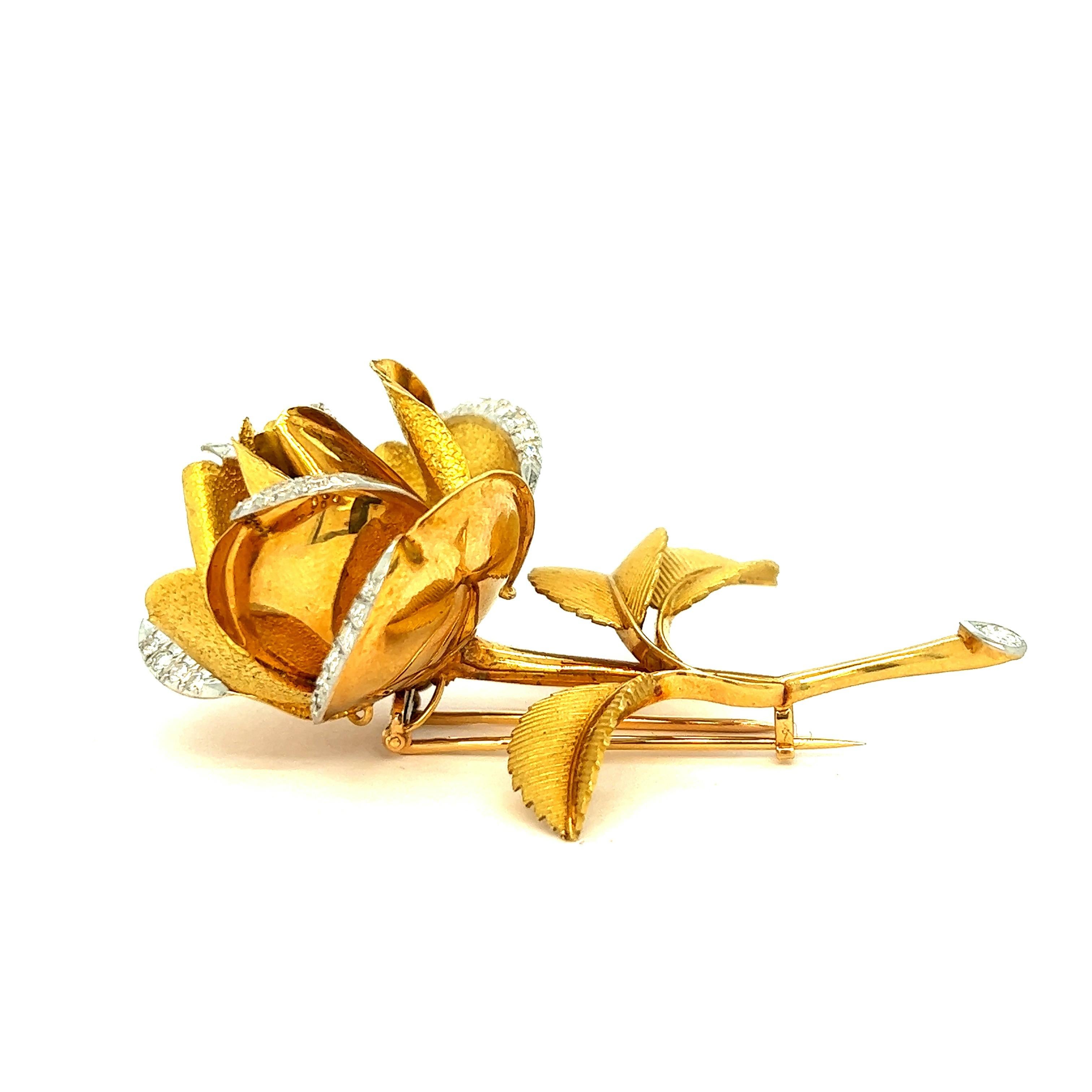 French Diamond Gold Rose Brooch In Excellent Condition For Sale In New York, NY