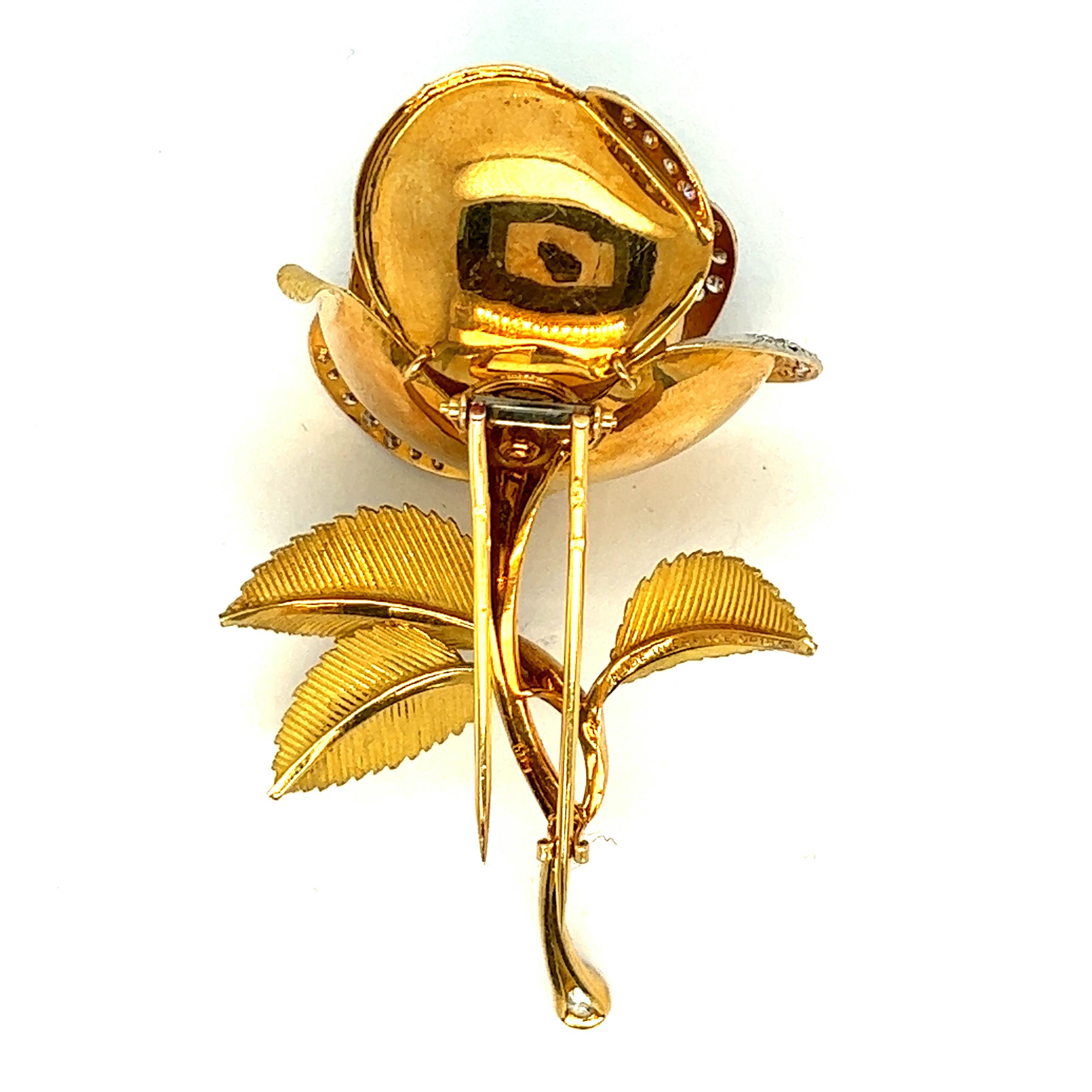 Women's French Diamond Gold Rose Brooch For Sale