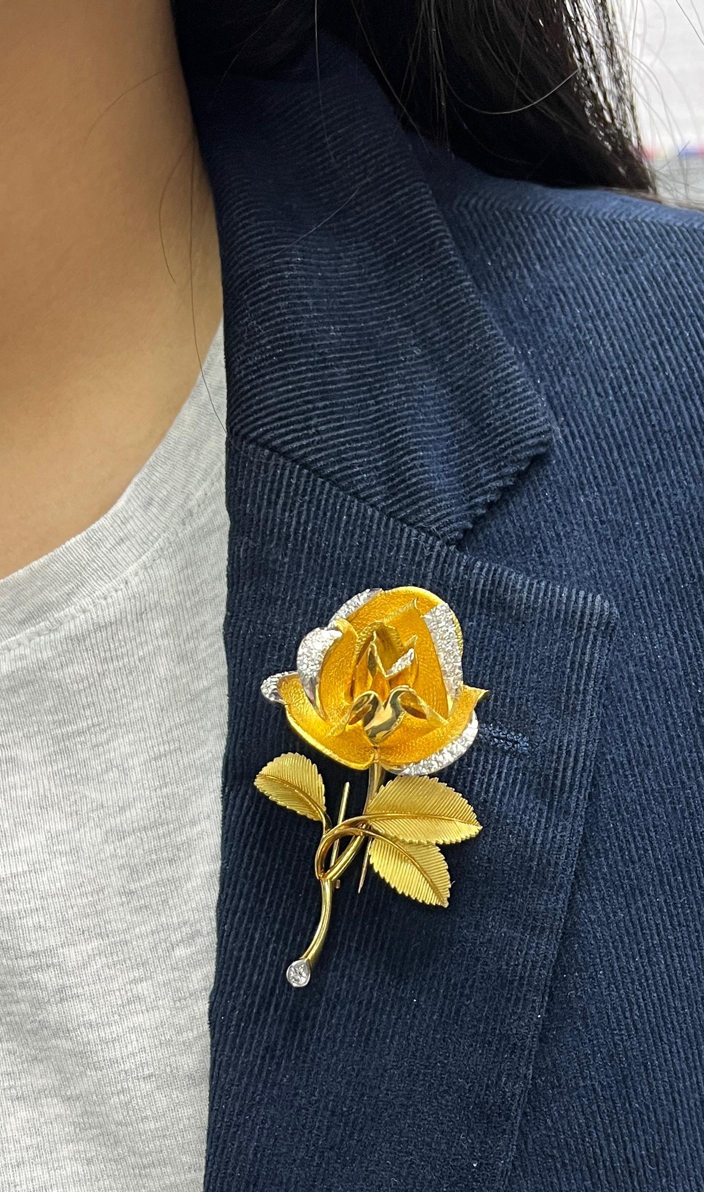 French Diamond Gold Rose Brooch For Sale 2