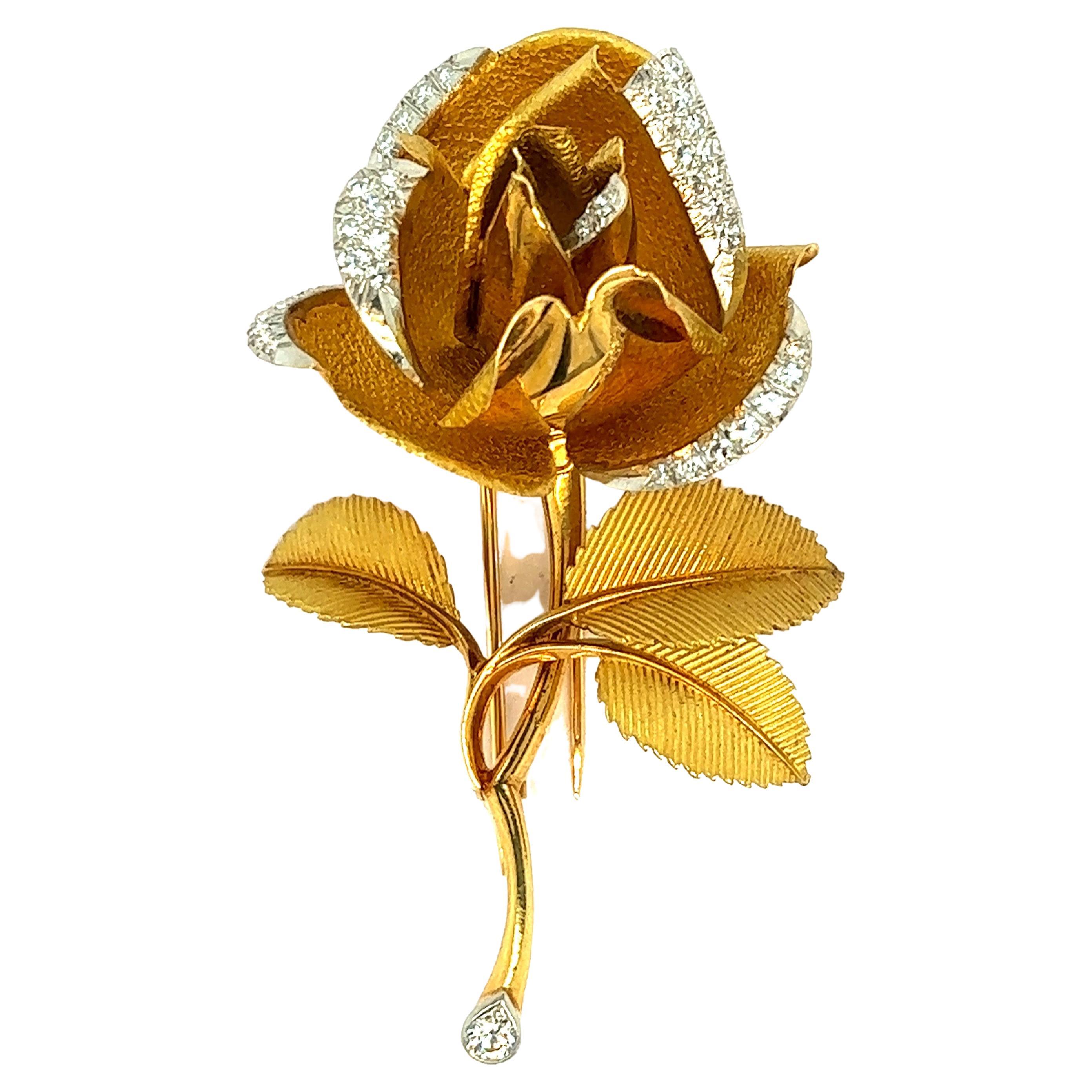 French Diamond Gold Rose Brooch For Sale