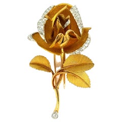 French Diamond Gold Rose Brooch