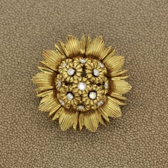 French Diamond Gold Sunflower Brooch