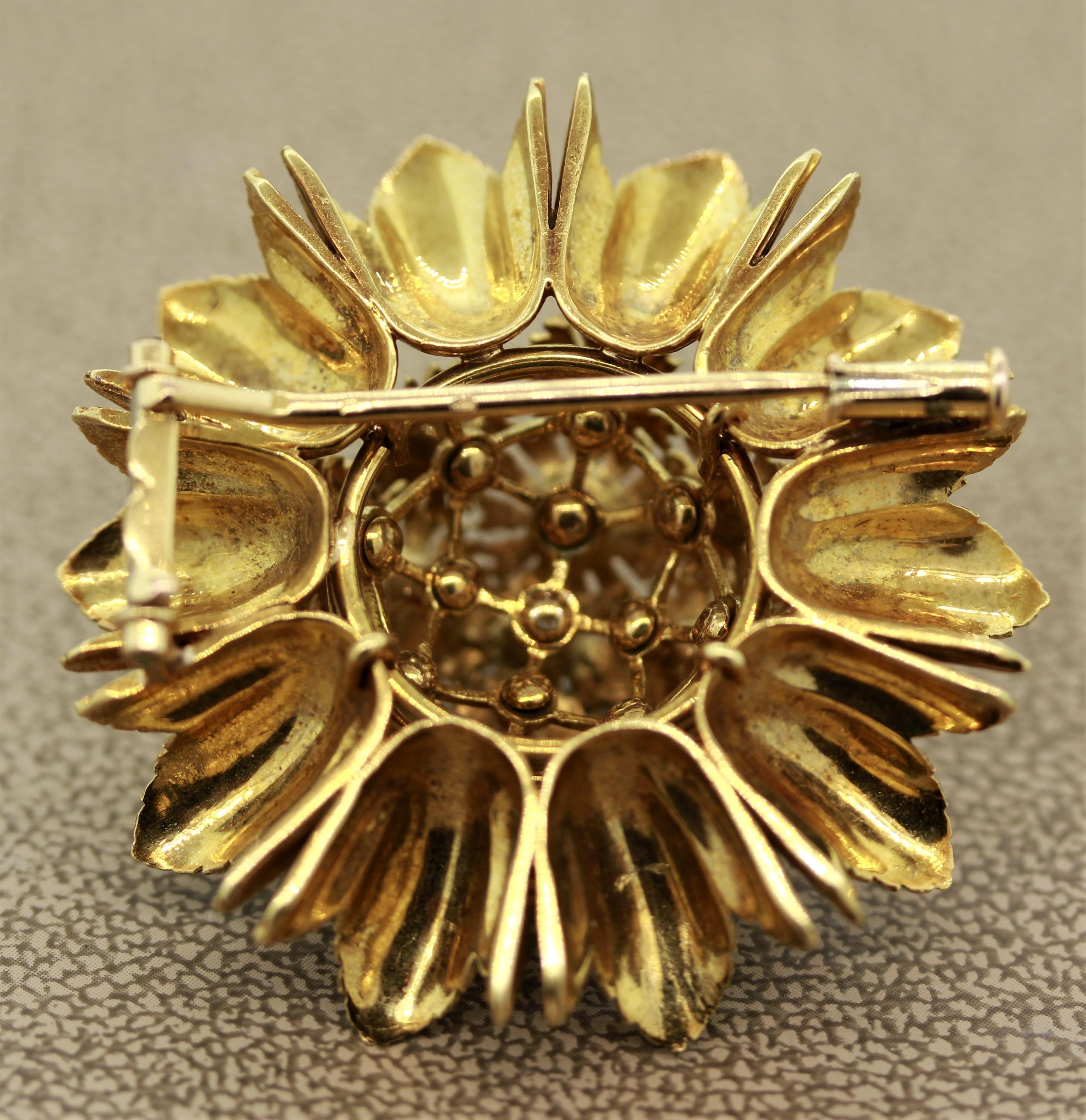 French Diamond Gold Sunflower Brooch In Excellent Condition For Sale In Beverly Hills, CA