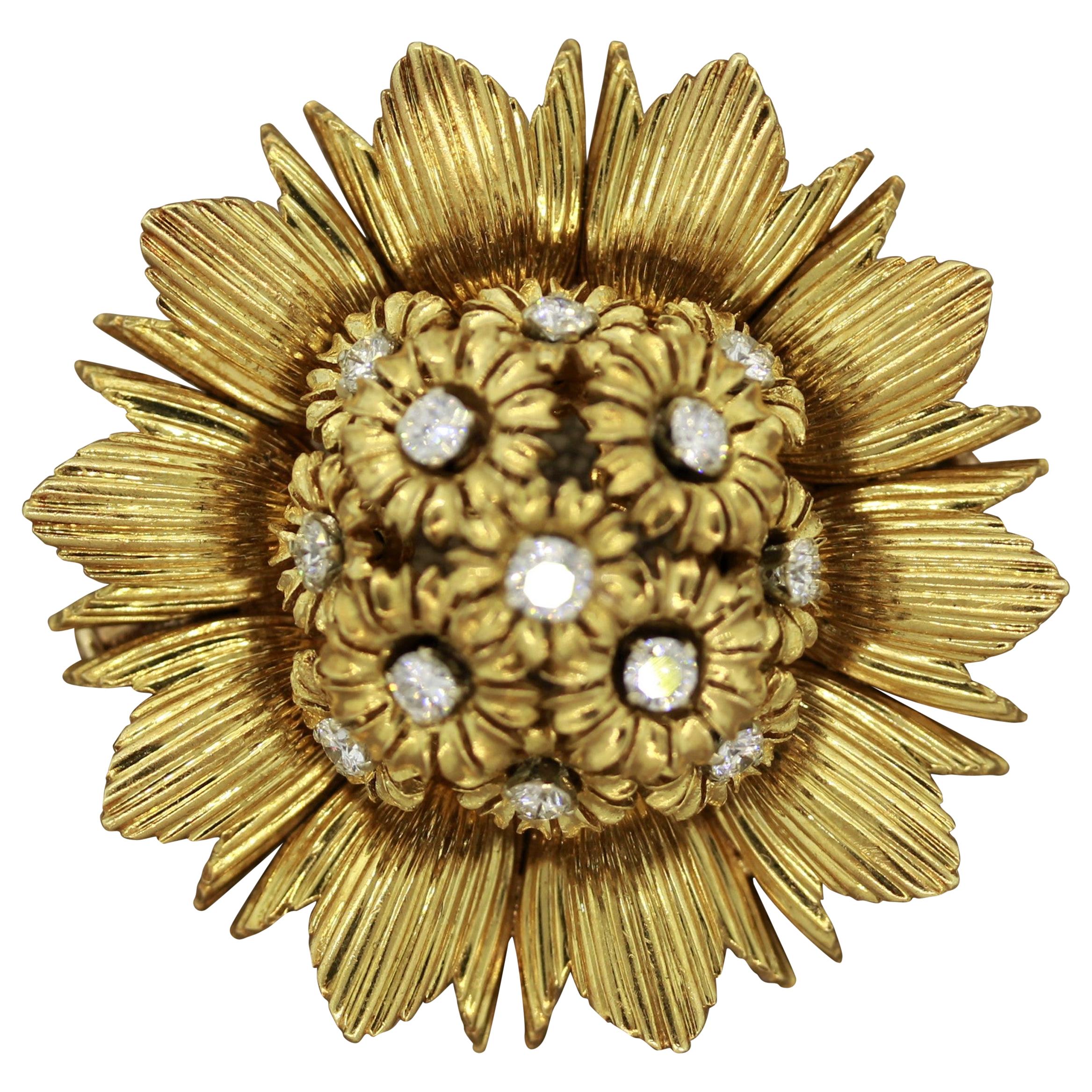 French Diamond Gold Sunflower Brooch For Sale