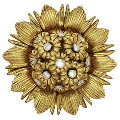 Vintage French Diamond Gold Sunflower Brooch