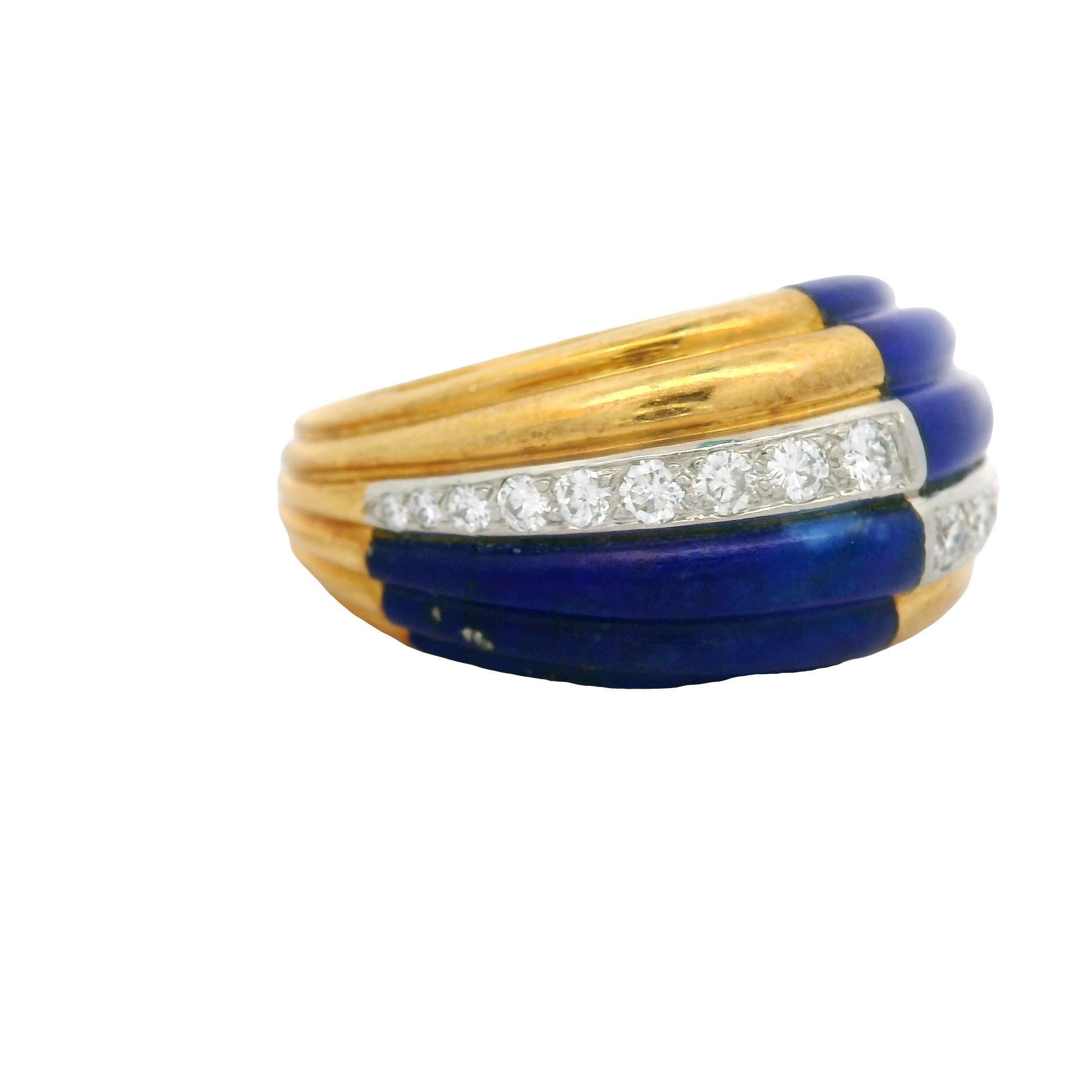 Taille ronde Bague à damier en or jaune 18K, diamant Lapis français en vente