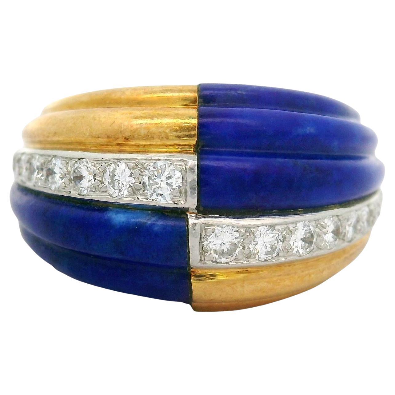 Bague à damier en or jaune 18K, diamant Lapis français