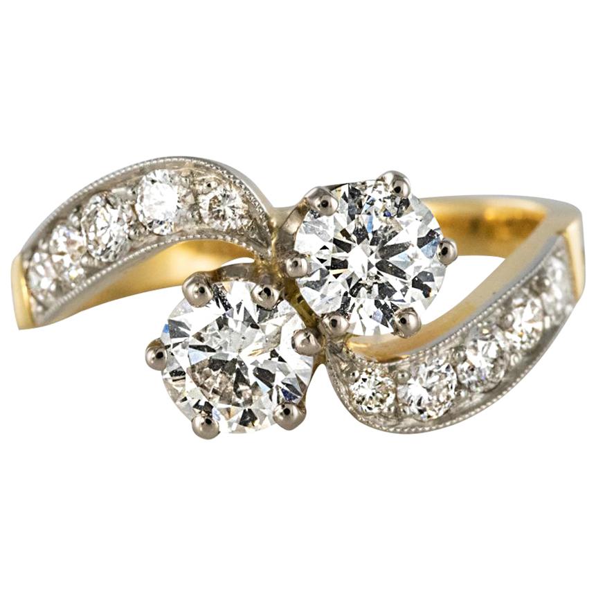French Diamond Platinum Gold Toi et Moi Engagement Ring