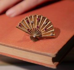 French Diamond Ruby and Gold Fan Brooch
