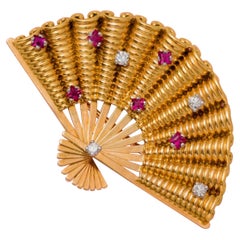 French Diamond Ruby and Gold Fan Brooch