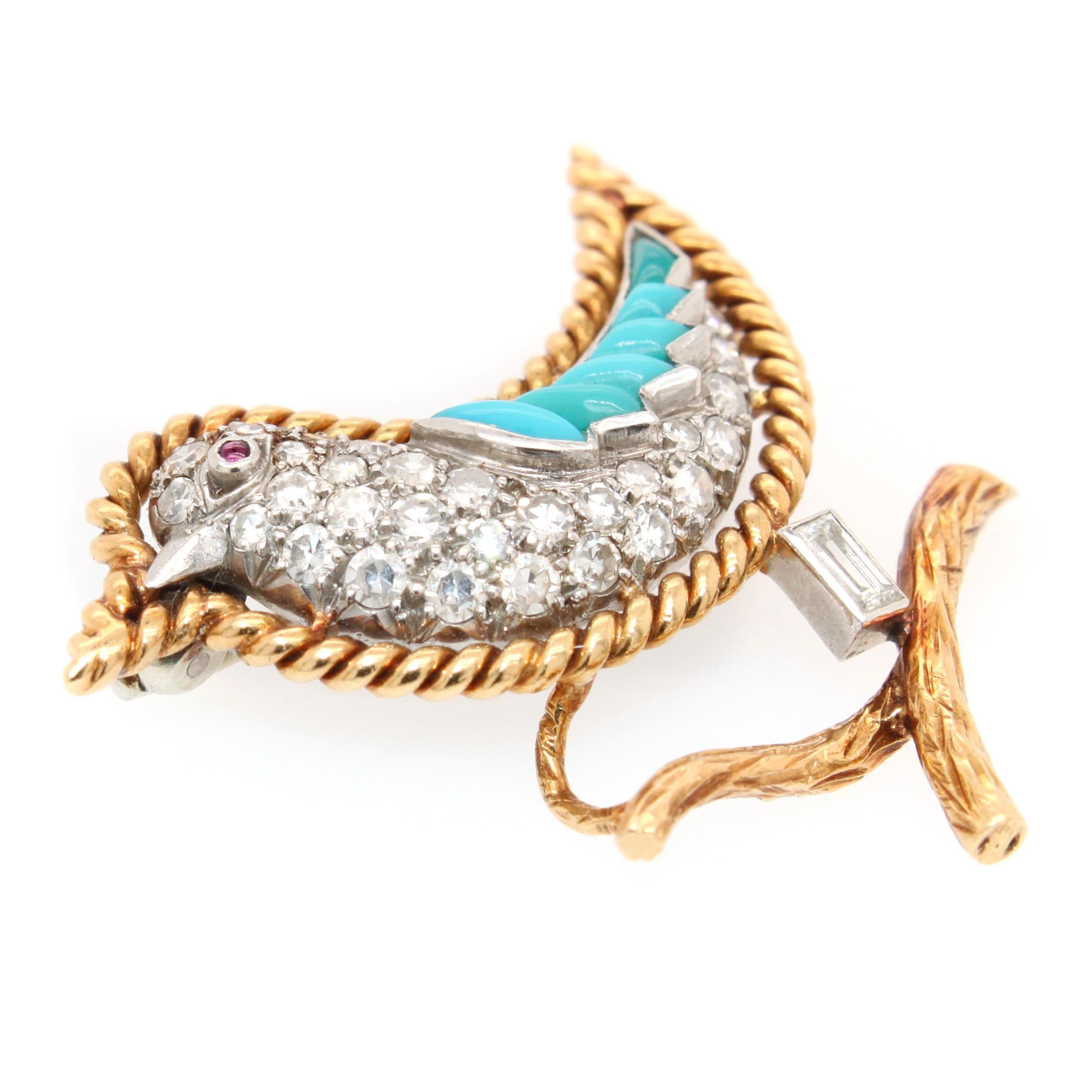 French Diamond, Ruby and Turquoise Brooch In Excellent Condition In Idar-Oberstein, DE