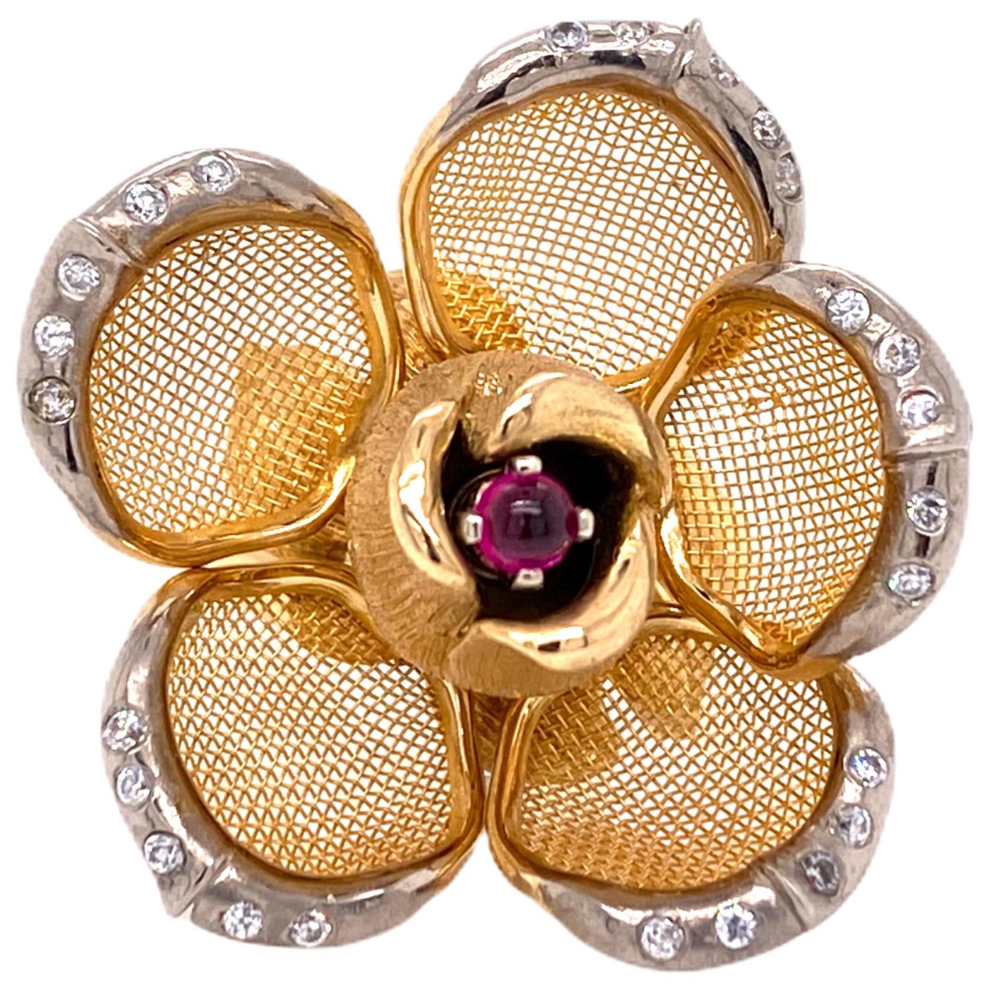 French Diamond Ruby Flower Ring 18 Karat Yellow Gold Petals Open and Close