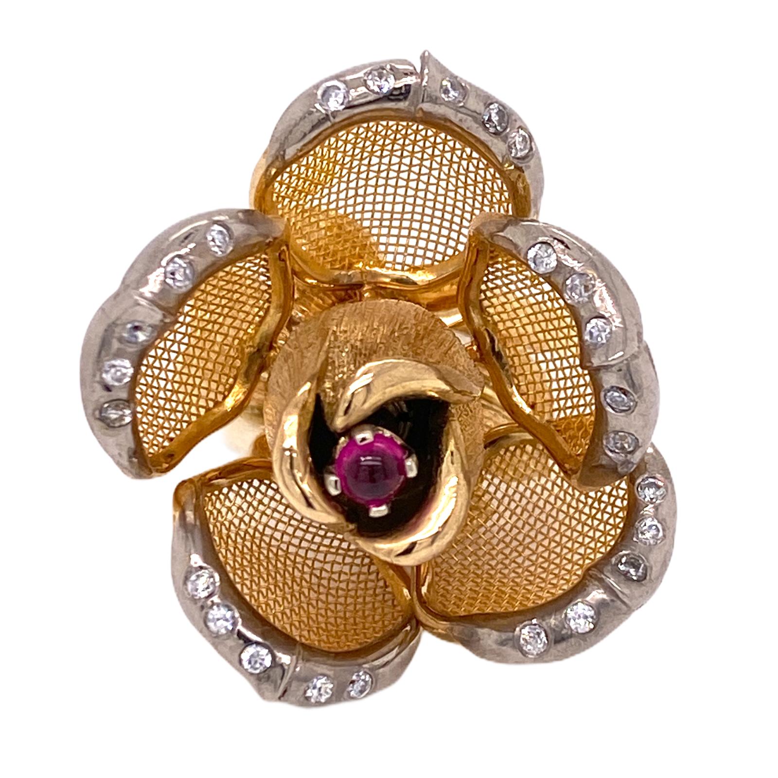 French Diamond Ruby Flower Ring 18 Karat Yellow Gold Petals Open and Close In Good Condition In Boca Raton, FL