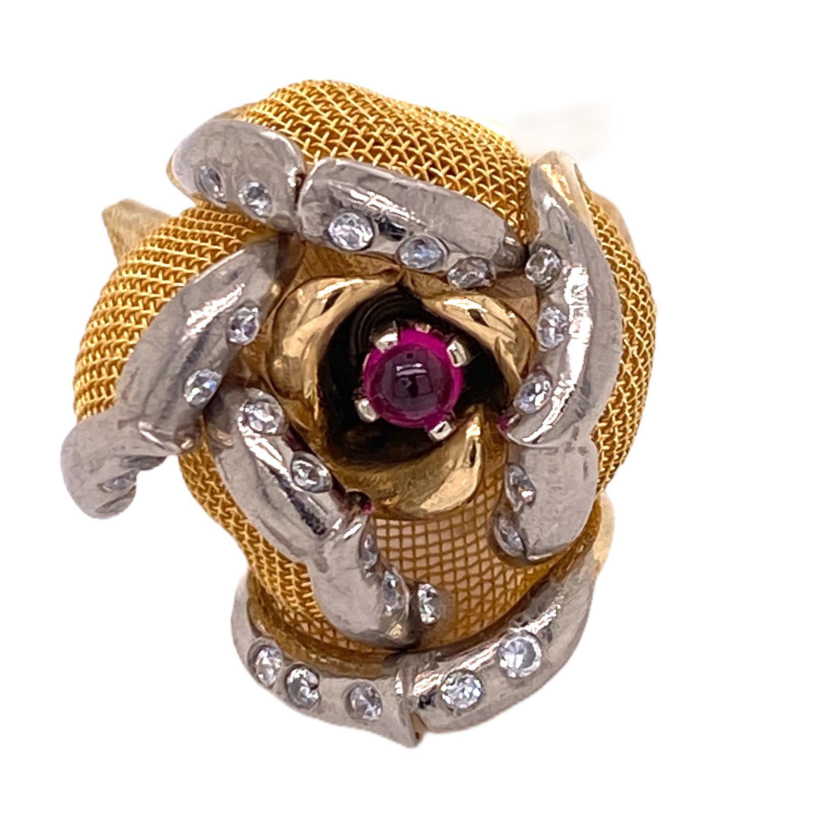 Women's French Diamond Ruby Flower Ring 18 Karat Yellow Gold Petals Open and Close
