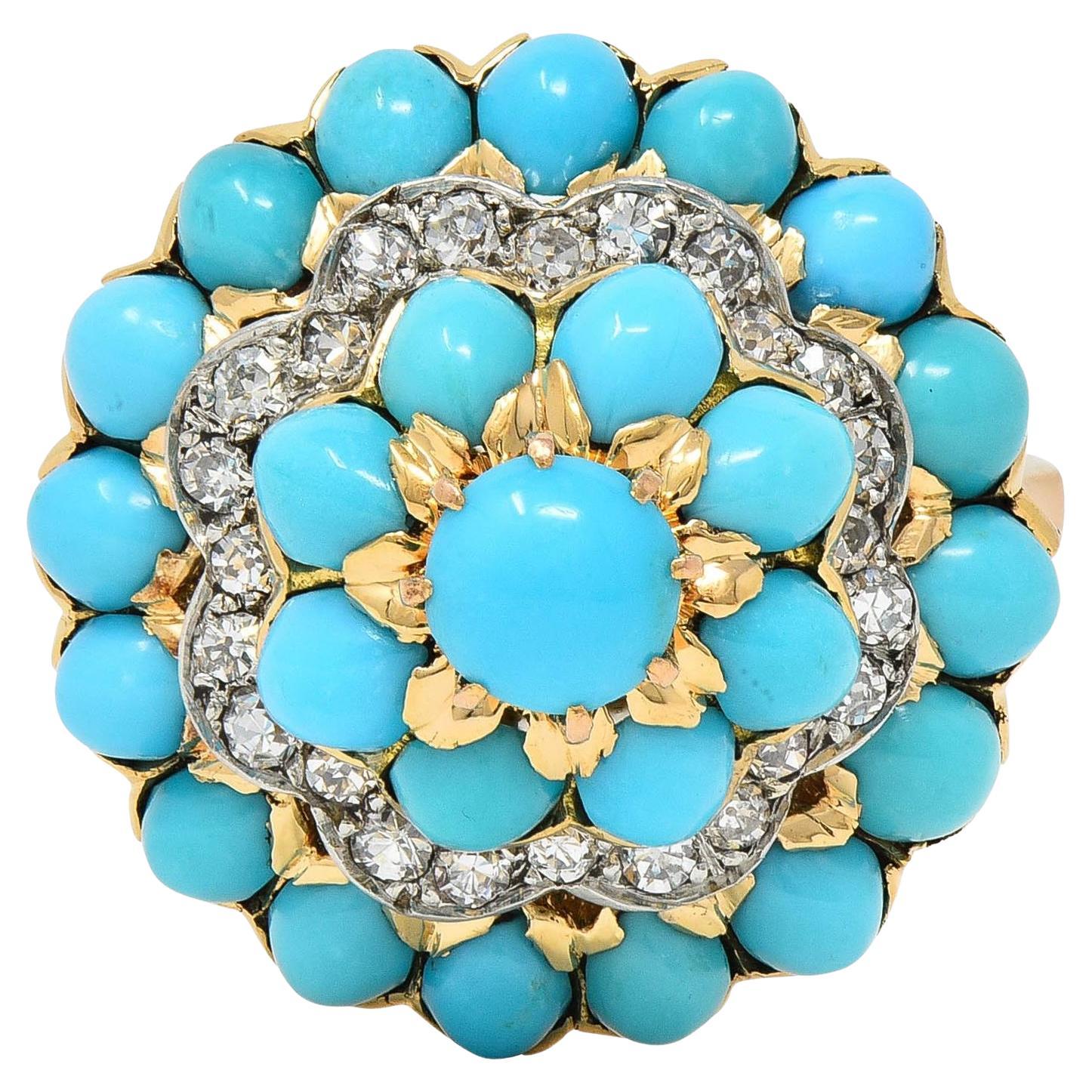 French Diamond Turquoise Platinum 18 Karat Yellow Gold Vintage Cluster Ring
